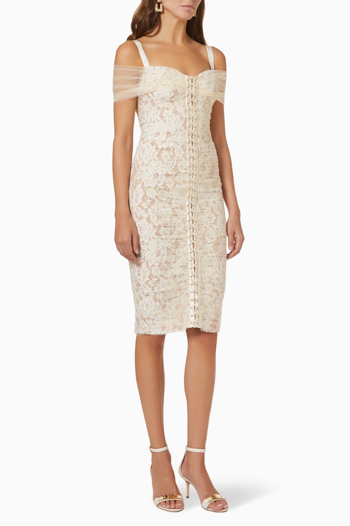 

Rebrodé Sheath Dress in Lace & Technical Mesh, Neutral
