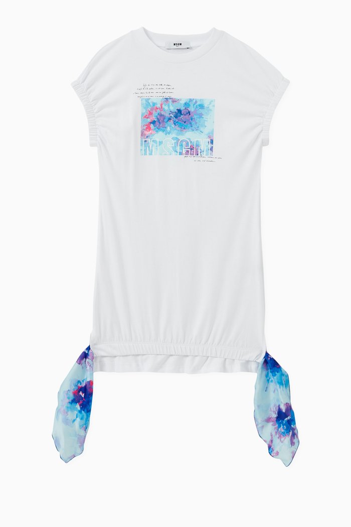 

Drawstring Scarf Hem Dress in Cotton, White