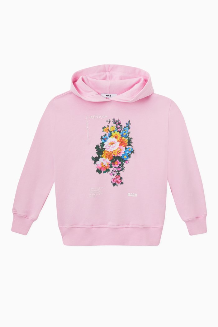 

Floral Print Hoodie in Cotton, Pink