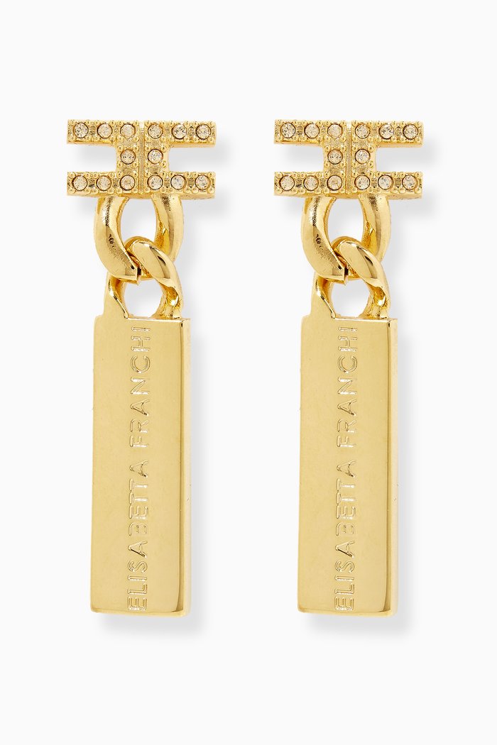 

Logo Plate Earrings with Rhinestones, Gold