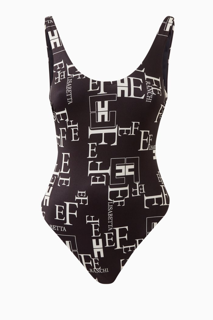 

One-piece Swimsuit in Lettering Print Lycra, Black
