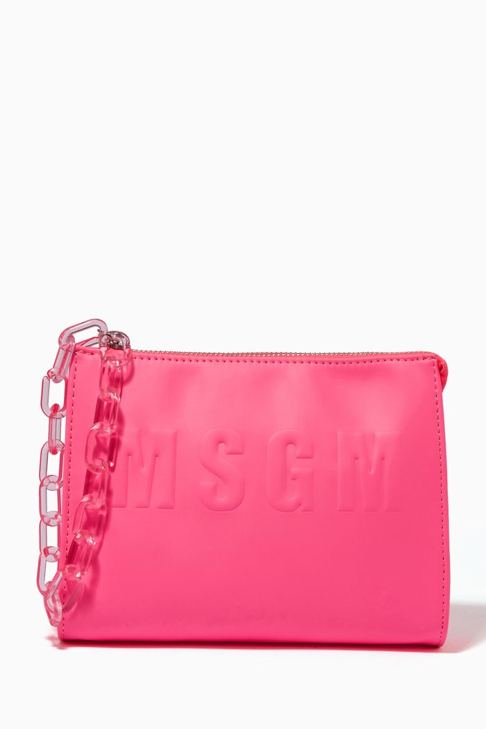 Logo Embossed Clutch in Faux Leather, Pink