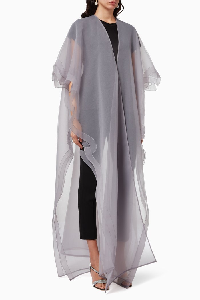 

Double Layered Abaya in Crinkled Organza, Grey