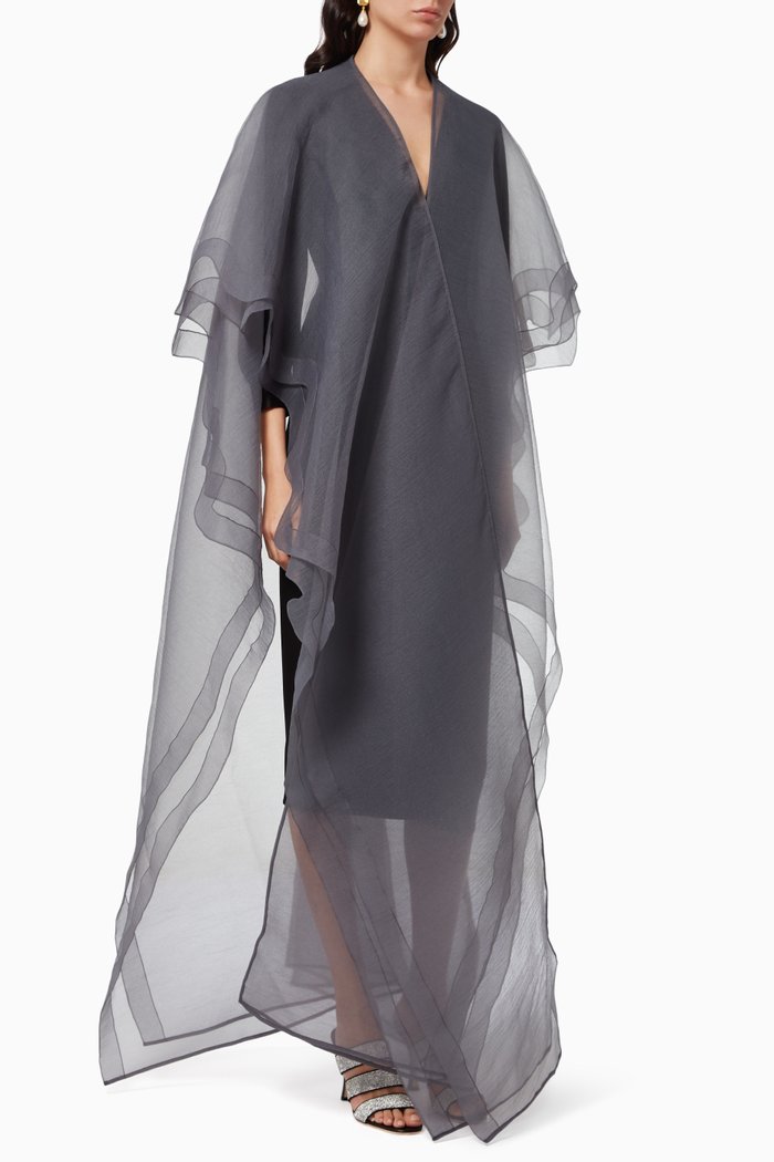 

Double Layered Abaya in Crinkled Organza, Grey