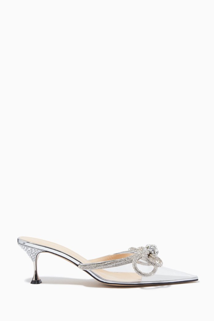 

Double Bow 65 Crystal Mules in PVC, Silver