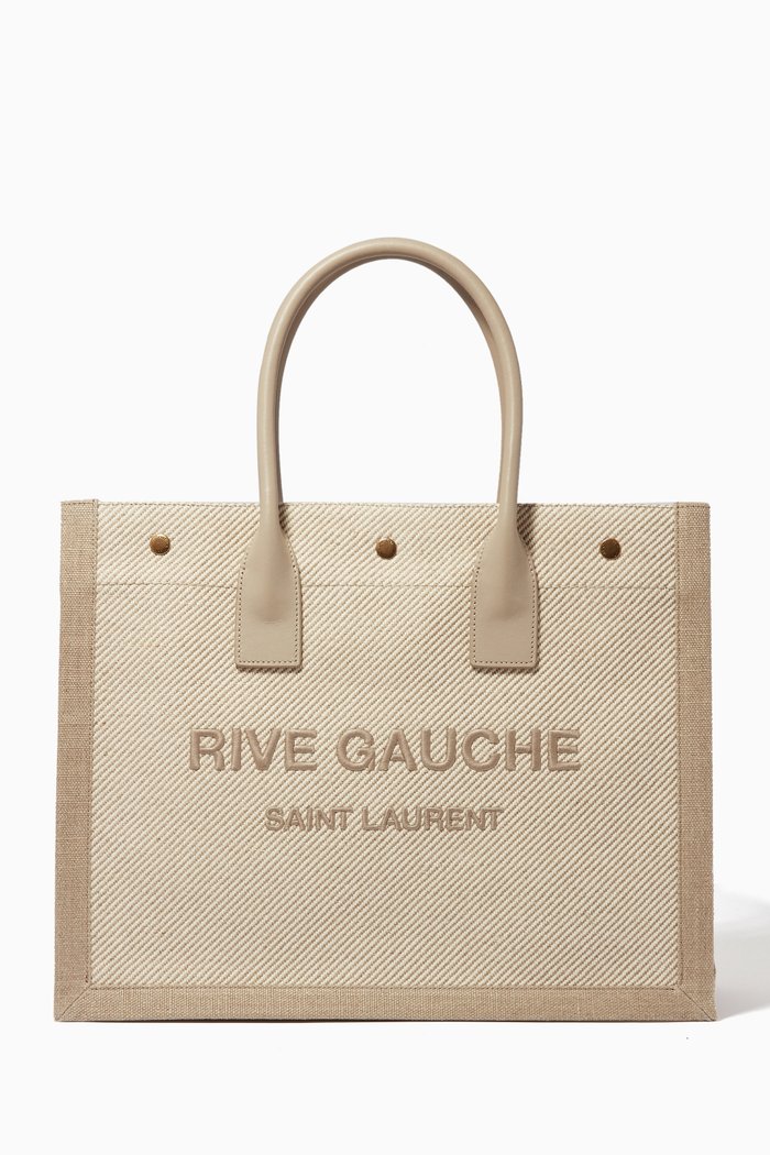 

Rive Gauche Small Tote Bag in Linen & Leather, Neutral