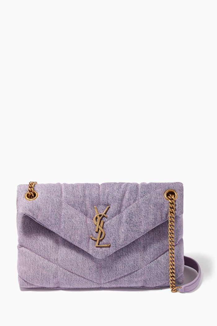 

Small Puffer Bag in Quilted Denim Canvas, Purple