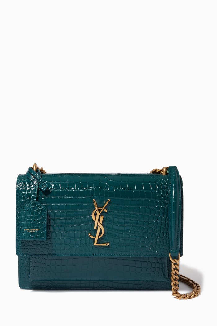 

Medium Sunset Bag in Crocodile-Embossed Shiny Leather, Green