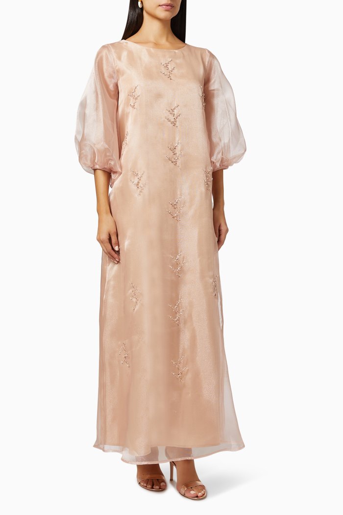 

Puff Sleeve Beaded Dress in Organza, Pink