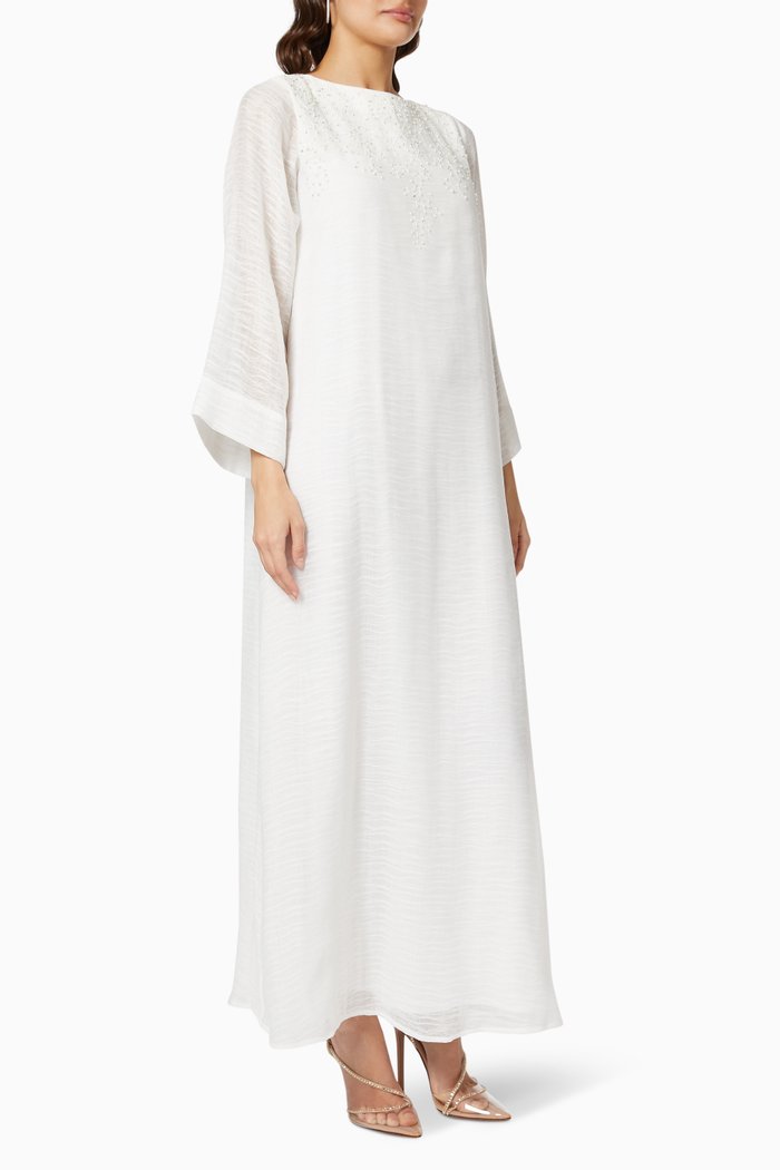 

Beaded Puffy Sleeve Dress in Organza, White