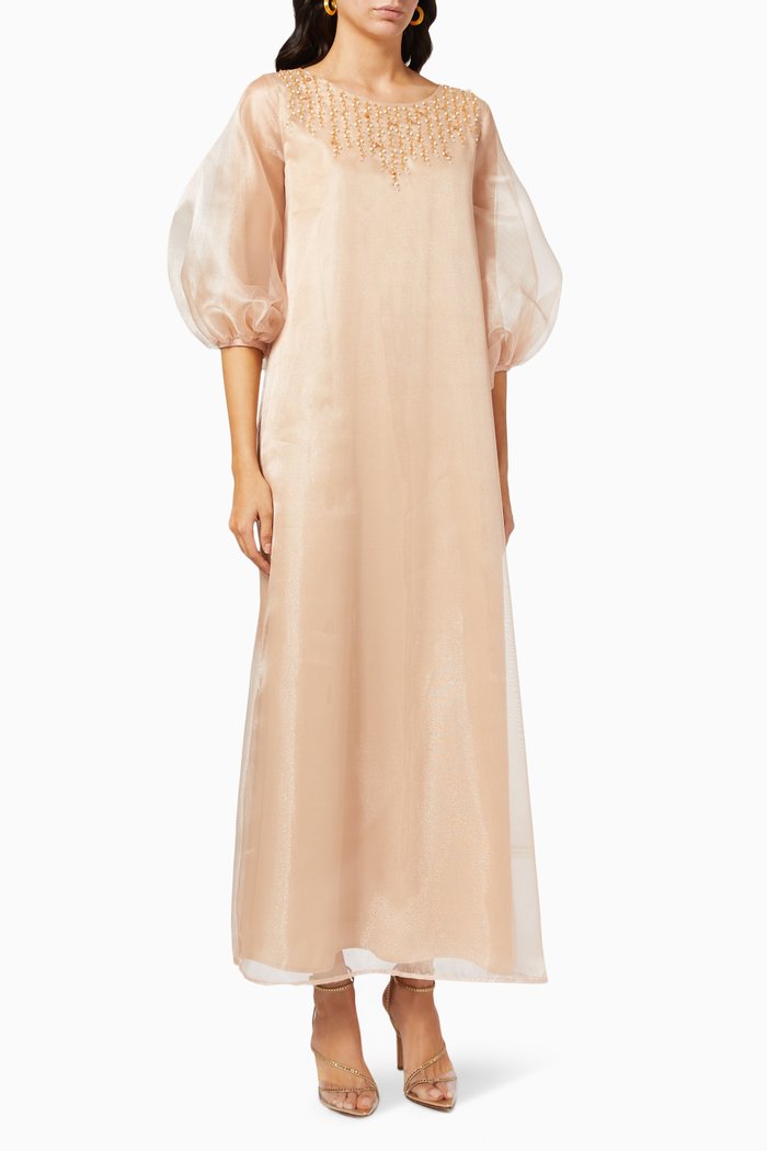 

Puff Sleeve Beaded Dress in Organza, Gold