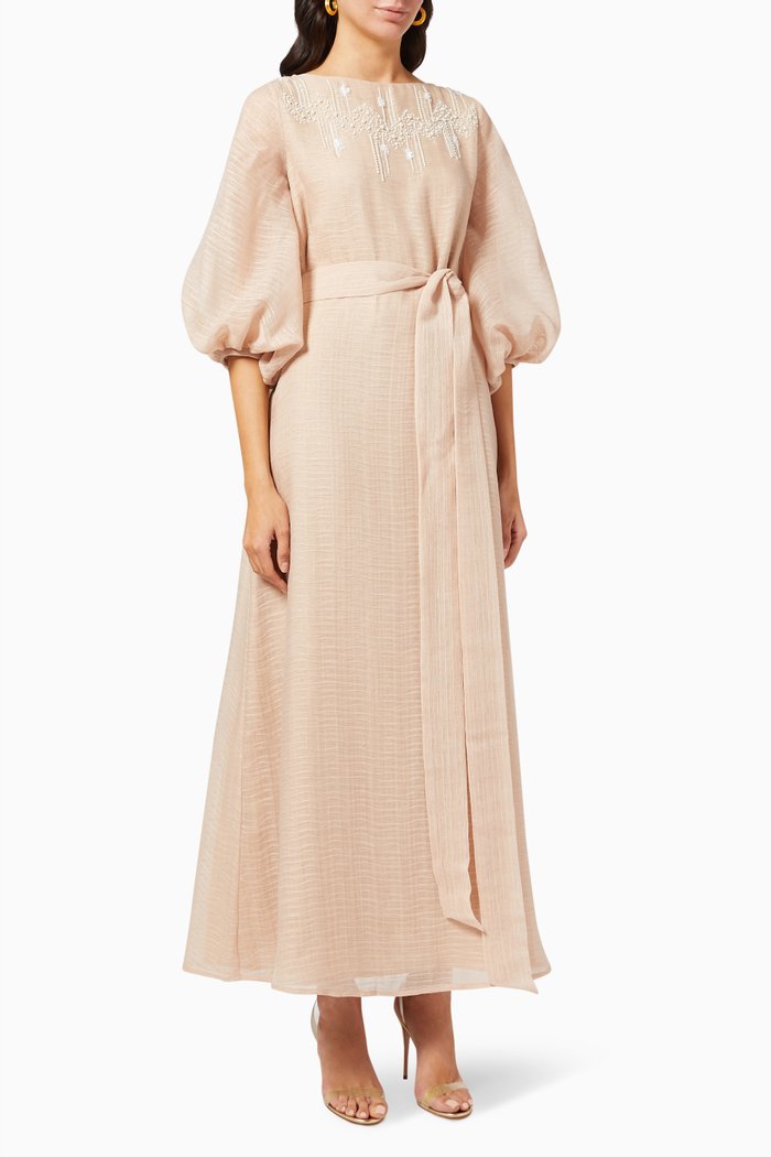 

Puff Sleeve Belted Dress in Cotton Organza, Neutral