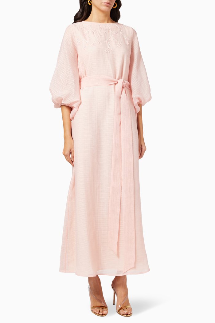 

Puff Sleeve Belted Dress in Cotton Organza, Pink