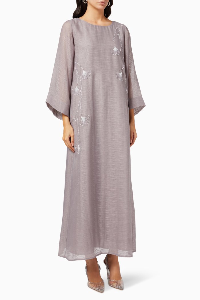 

Puff Sleeve Beaded Dress in Organza, Purple