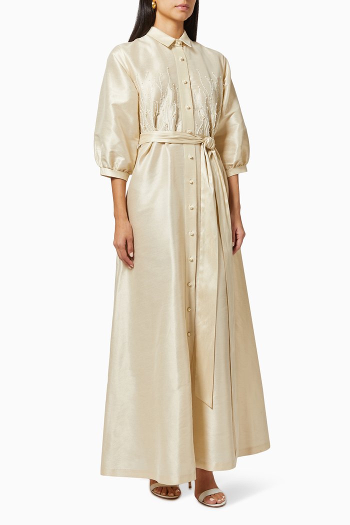 

Beaded Shirtdress in Raw Silk, Neutral