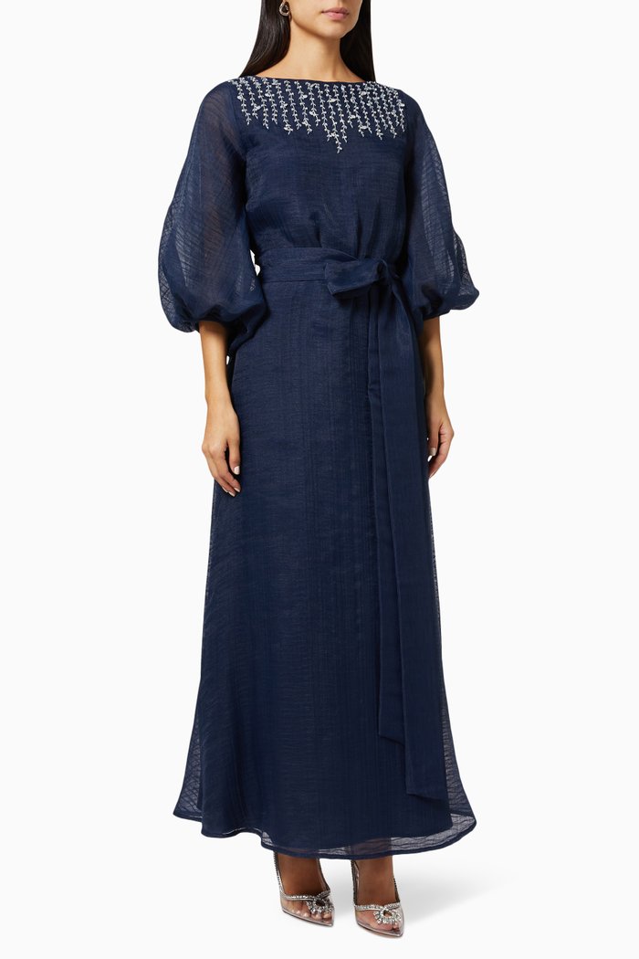 

Puff Sleeve Beaded Dress in Organza, Blue