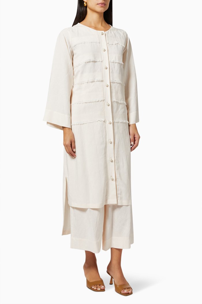 

Frayed Trim Top & Pants Set in Cotton Linen, Pink