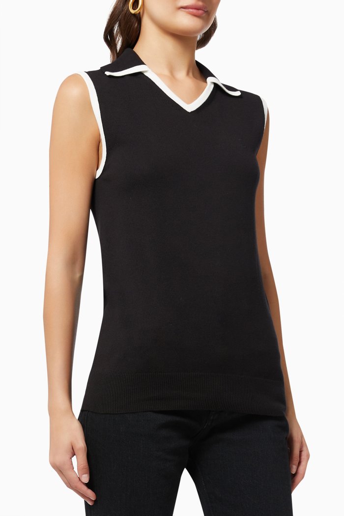 

Sleeveless Polo Sweater in Cotton Knit, Black