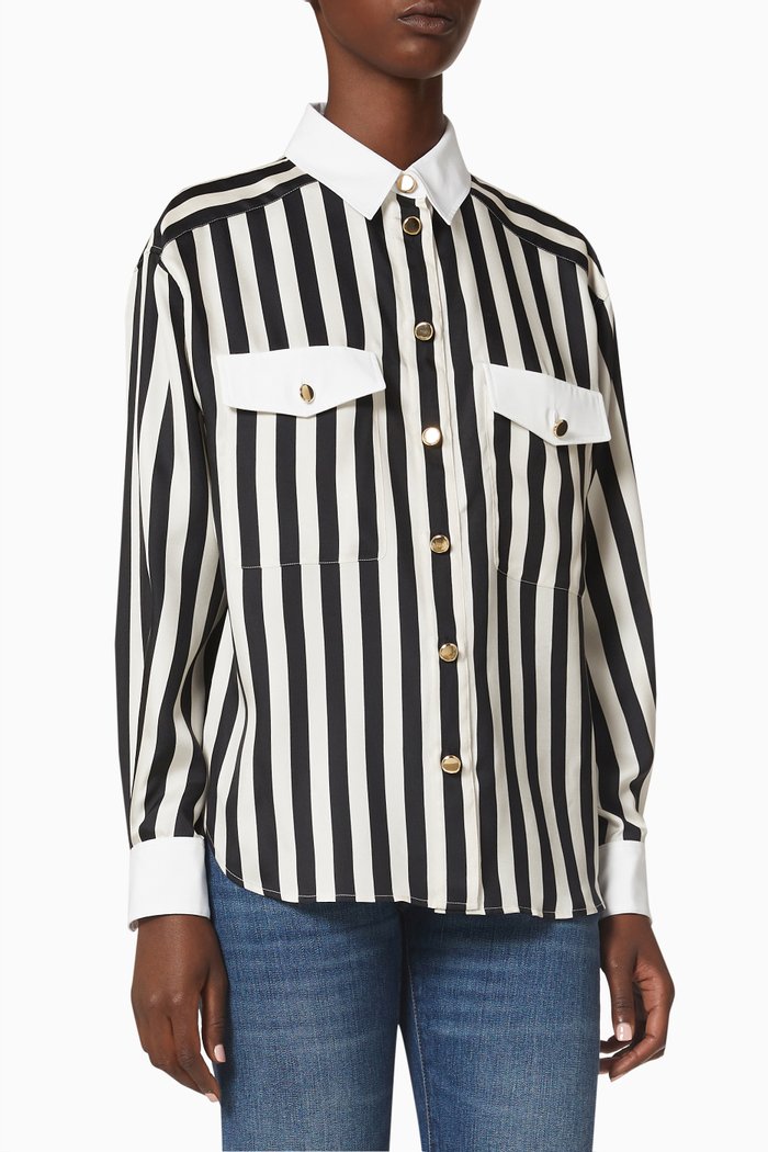 

Oversized Striped Shirt in Silk Twill, Black