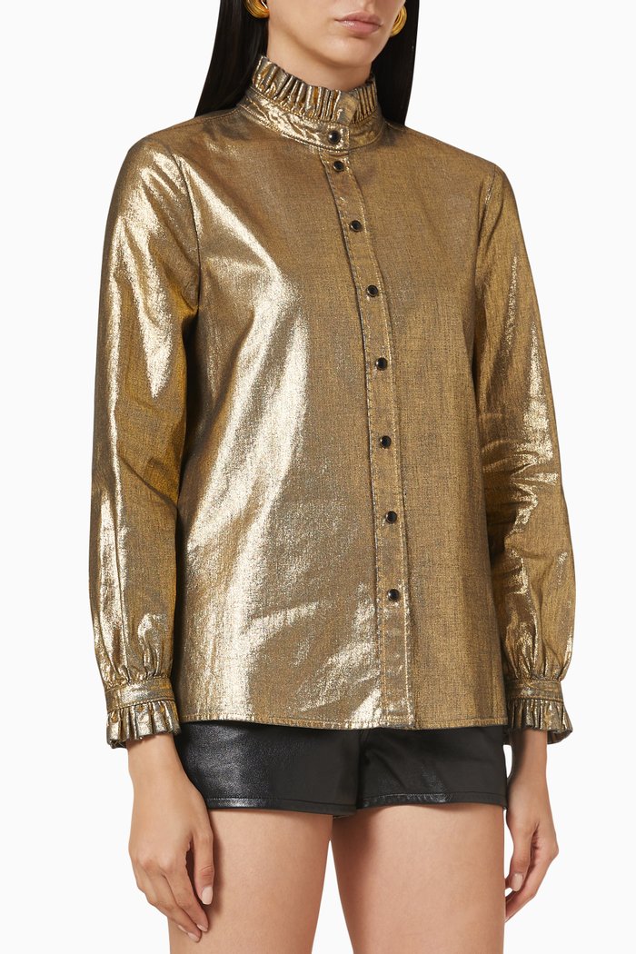 

Ruffle Shirt in Laminated Cotton, Gold