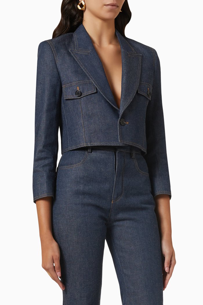 

Crop Tailored Jacket in Denim, Blue
