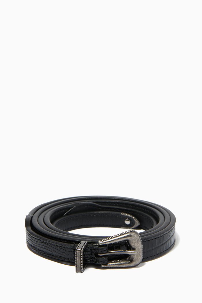 

Folk Buckle Thin Belt in Lizard-embossed Leather, Black