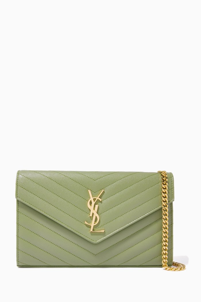 Monogram Chain Wallet in Grain de Poudre Embossed Leather, Green
