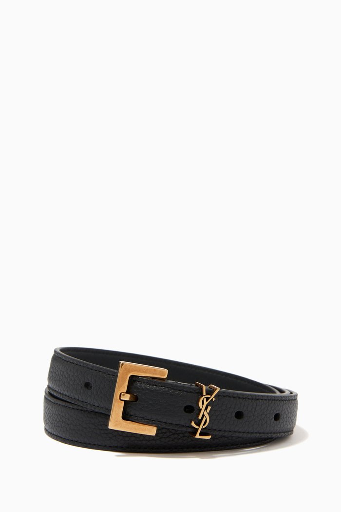 

Monogram Narrow Belt with Square Buckle in Leather, Black