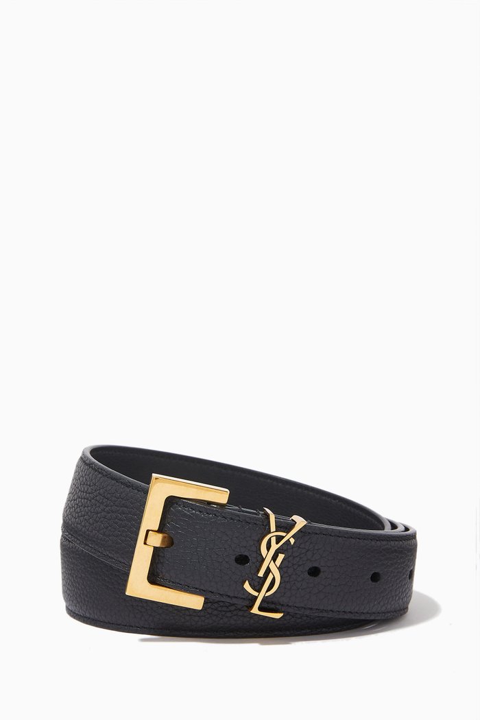 

Monogram Belt with Square Buckle in Grained Leather, Black
