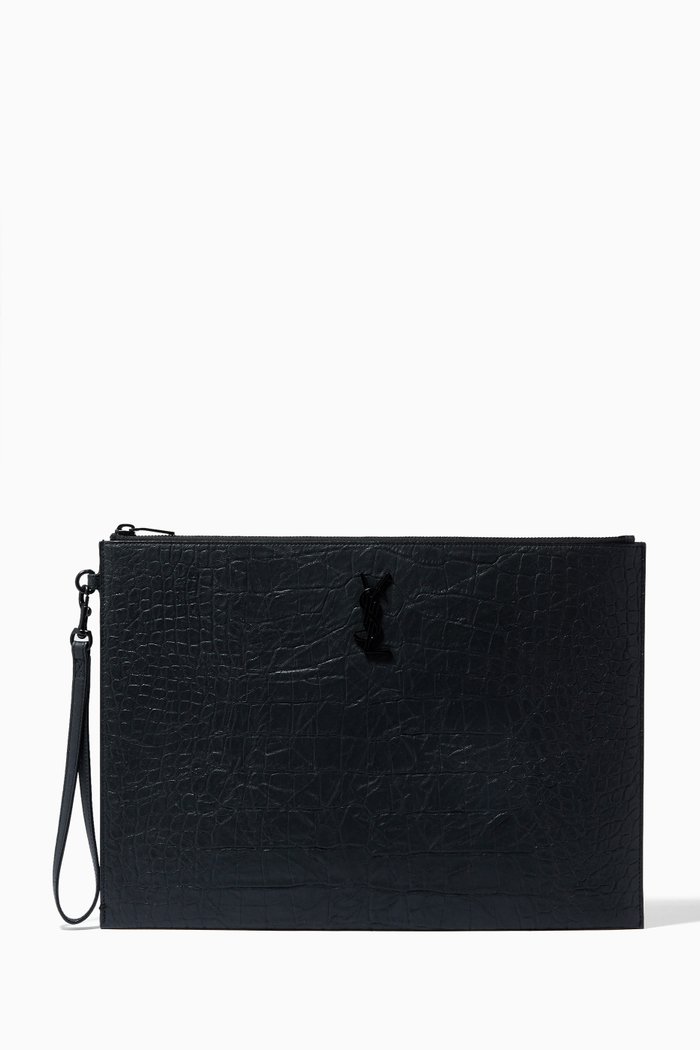 

Monogram Document Holder in Croc-embossed Leather, Black