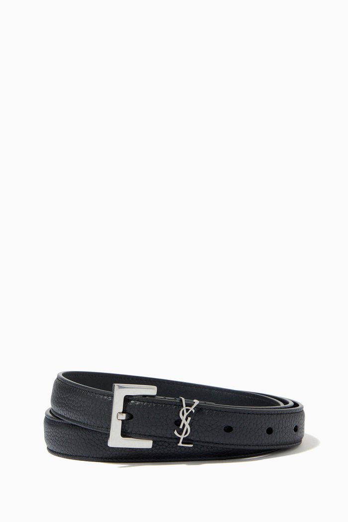 

Monogram Narrow Belt with Square Buckle in Leather, Black