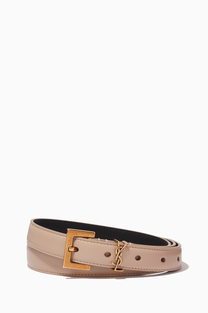 

Monogram Narrow Belt with Square Buckle in Leather, Neutral