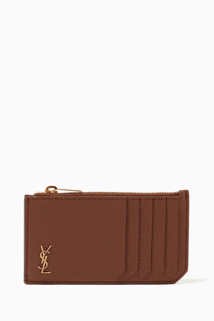 

Tiny Monogram Card Case in Grained Leather, Brown