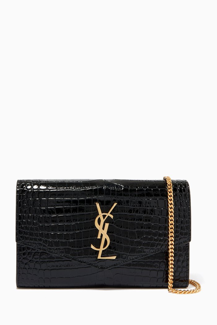 

Uptown Chain Wallet in Croc-embossed Leather, Black