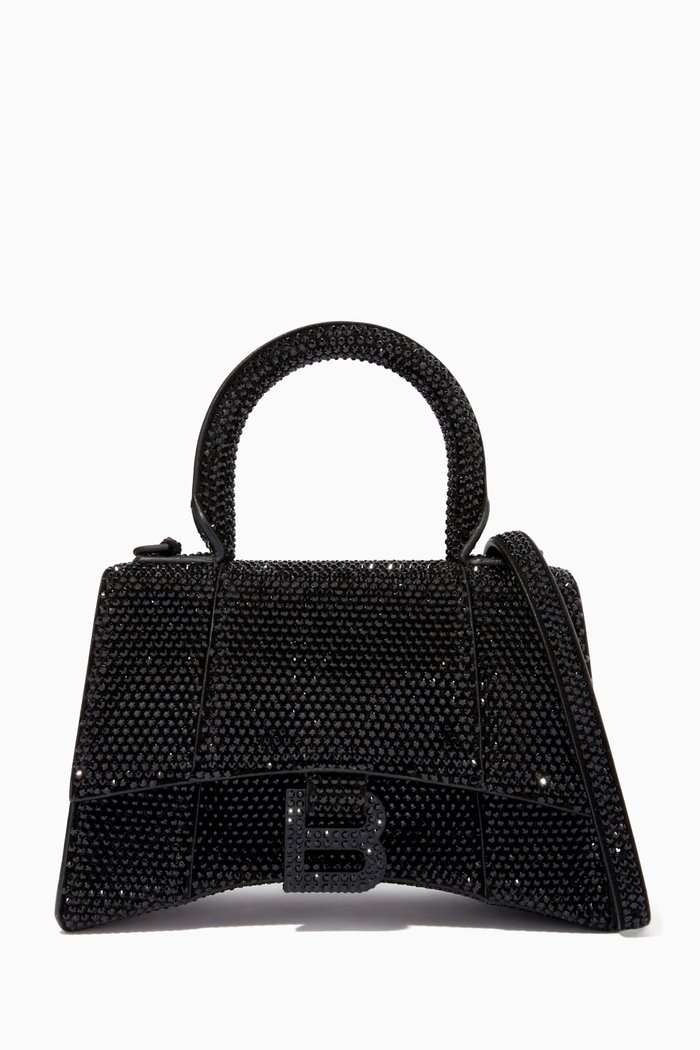 

Hourglass XS Top Handle Bag in Rhinestones Suede Calfskin, Black