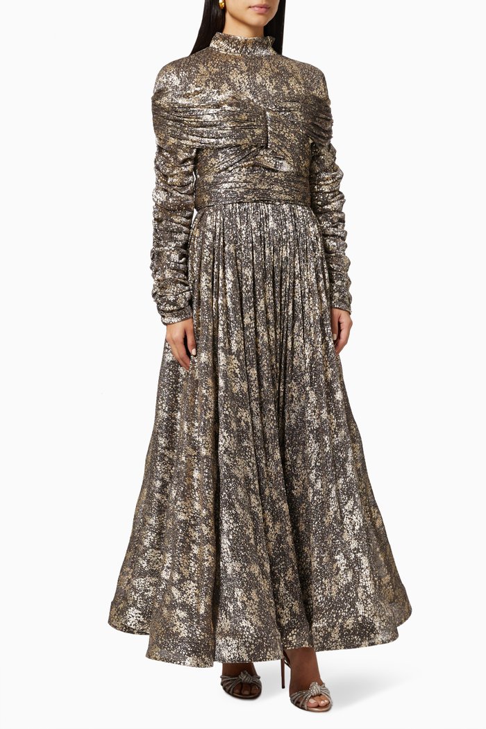 

Gathered Long Sleeve Gown in Metallic Lurex, Gold