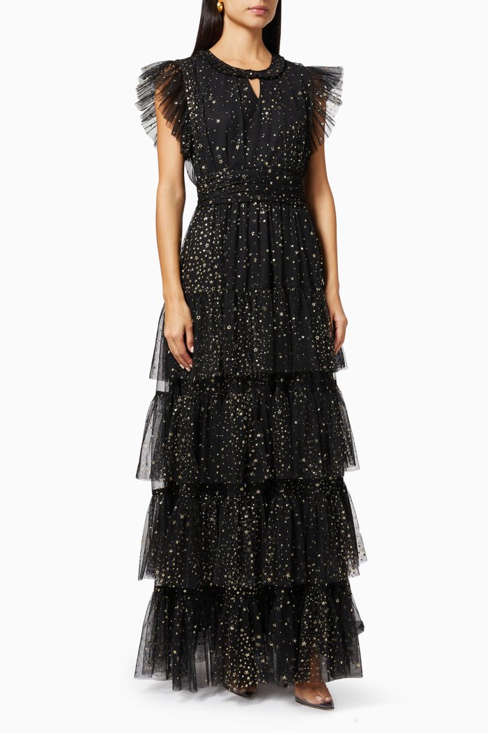

Tiered Maxi Dress in Shimmer Tulle, Black