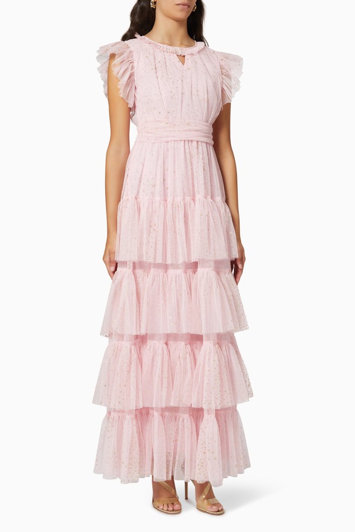 

Tiered Maxi Dress in Shimmer Tulle, Pink