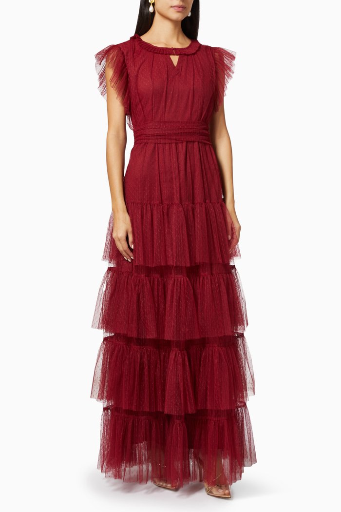 

Tiered Maxi Dress in Dot Tulle, Burgundy
