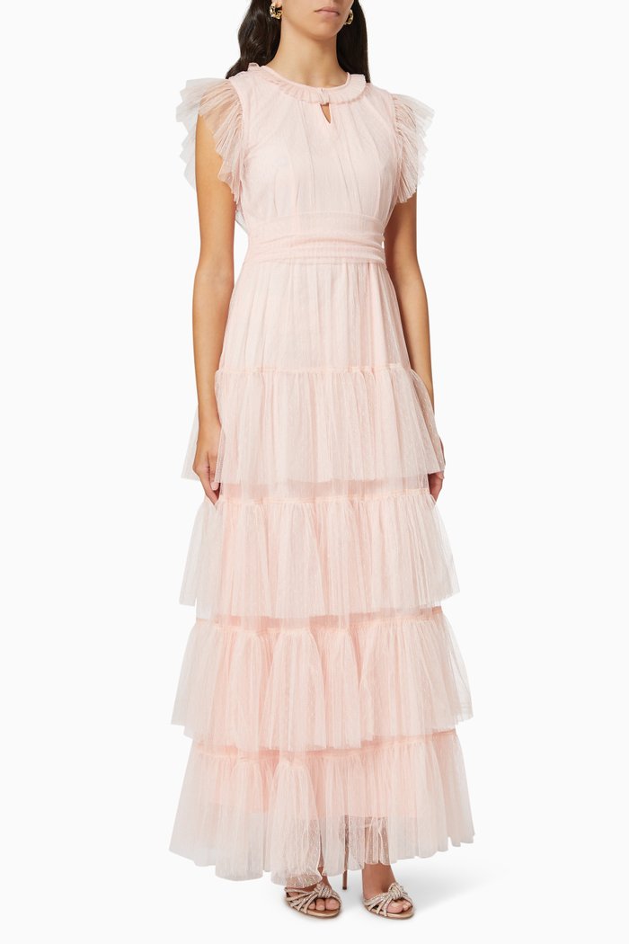 

Tiered Maxi Dress in Dot Tulle, Pink