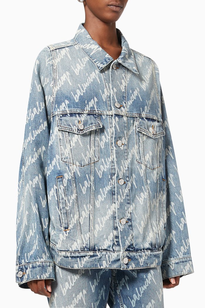 Allover Logo Large Fit Jacket in Soft Denim, Blue