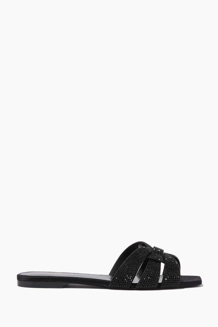 Tribute Flat Sandals in Rhinestone Suede, Black