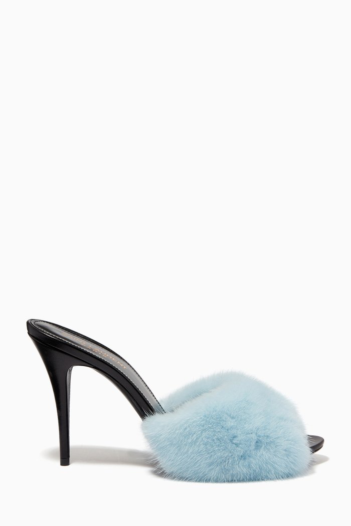 

LA 16 Mules in Mink Fur & Leather, Blue
