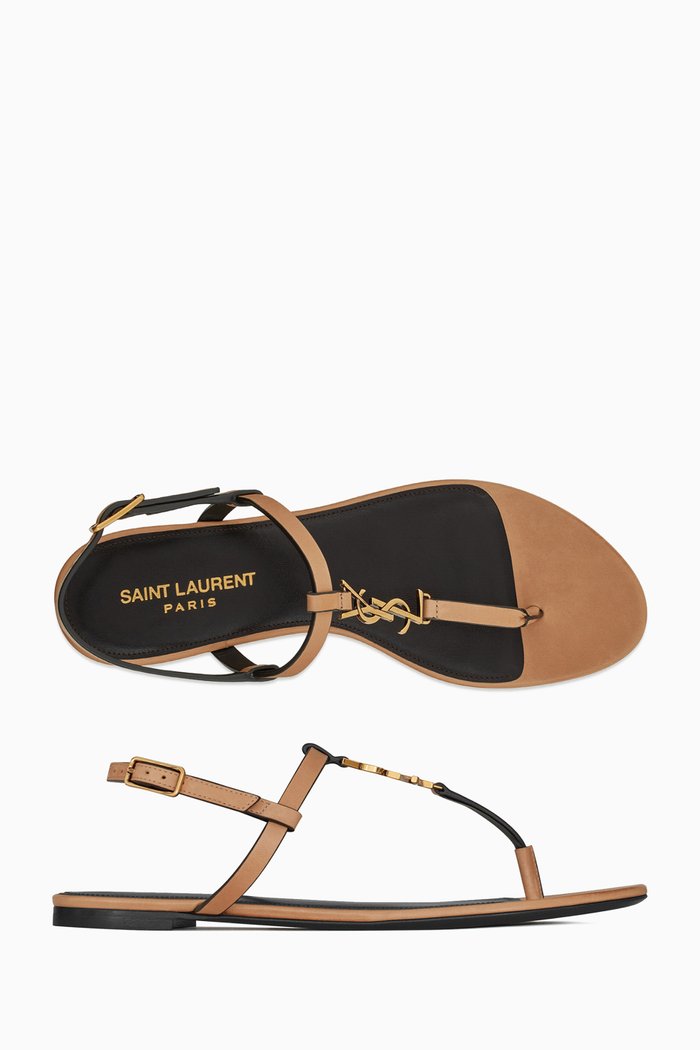 Cassandra Monogram Flat Sandals in Smooth Leather, Neutral