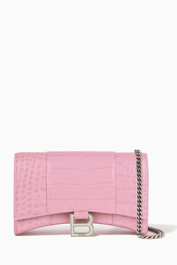 

Hourglass Wallet on Chain in Crocodile Embossed Calfskin, Pink