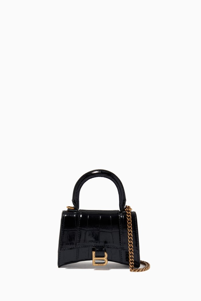 

Hourglass Mini Top Handle Bag in Crocodile Embossed Leather, Black