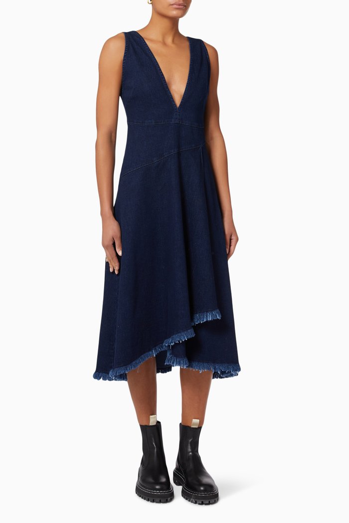 

Spartito Fringe Dress in Denim, Blue