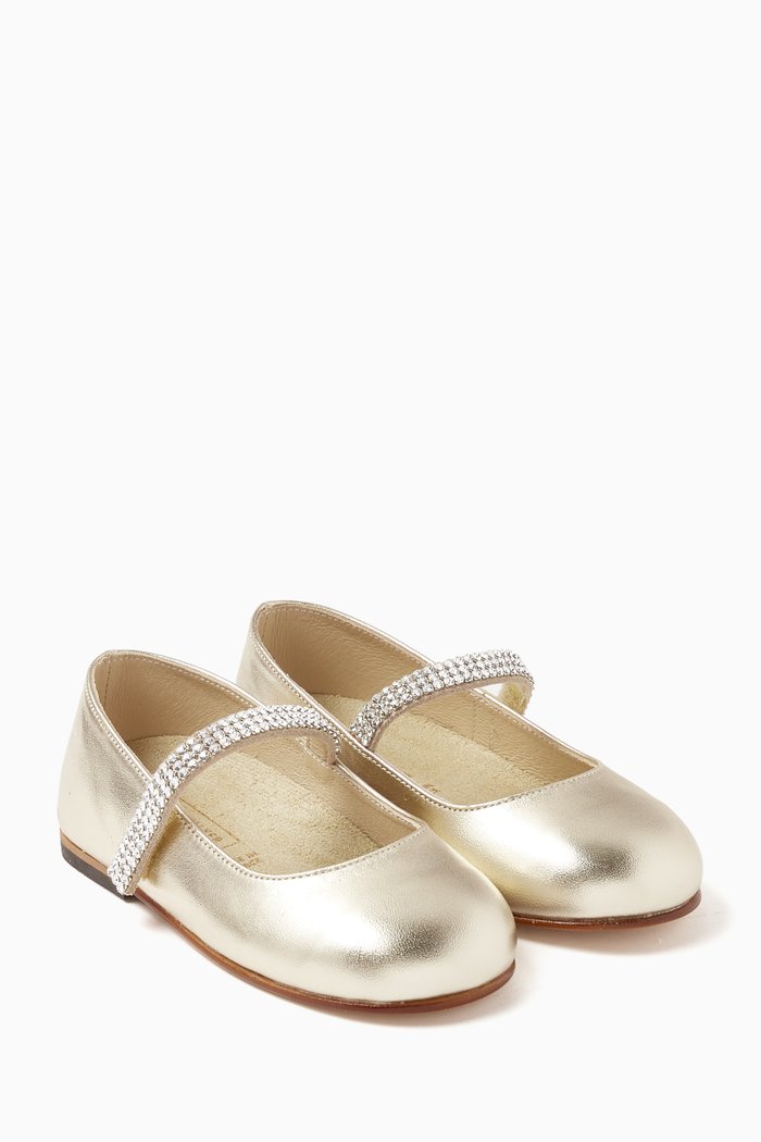 

Crystal Strap Ballerinas in Leather, Gold