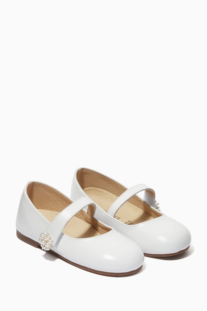 

Pearl Embellishment Ballerinas in Leather, White