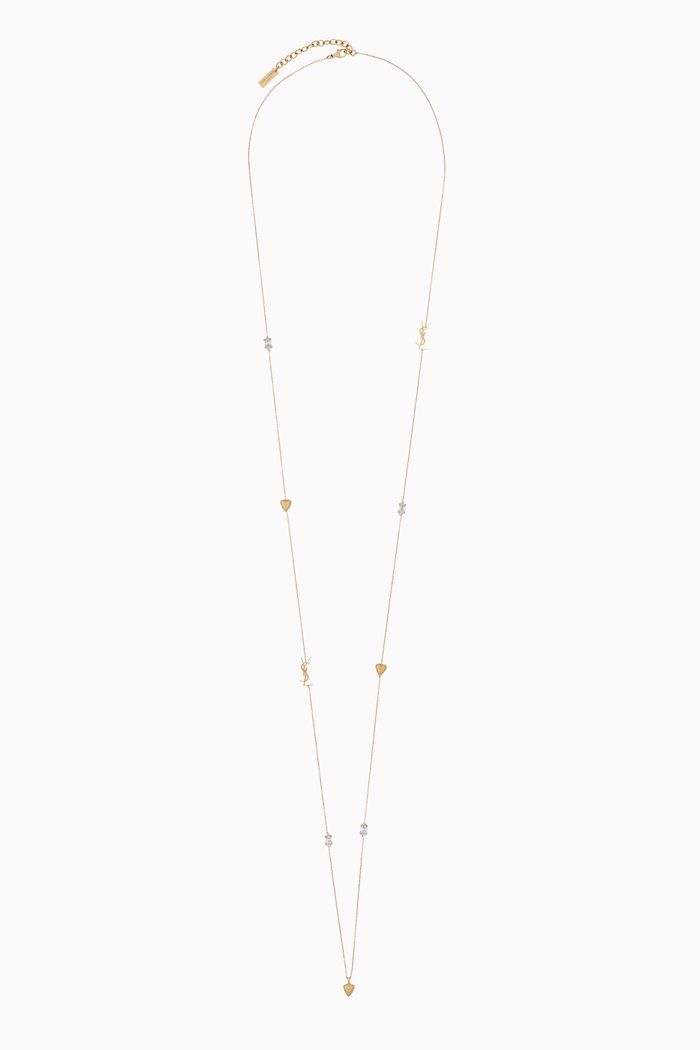 

YSL Heart & Rhinestone Long Necklace in Brass, Gold